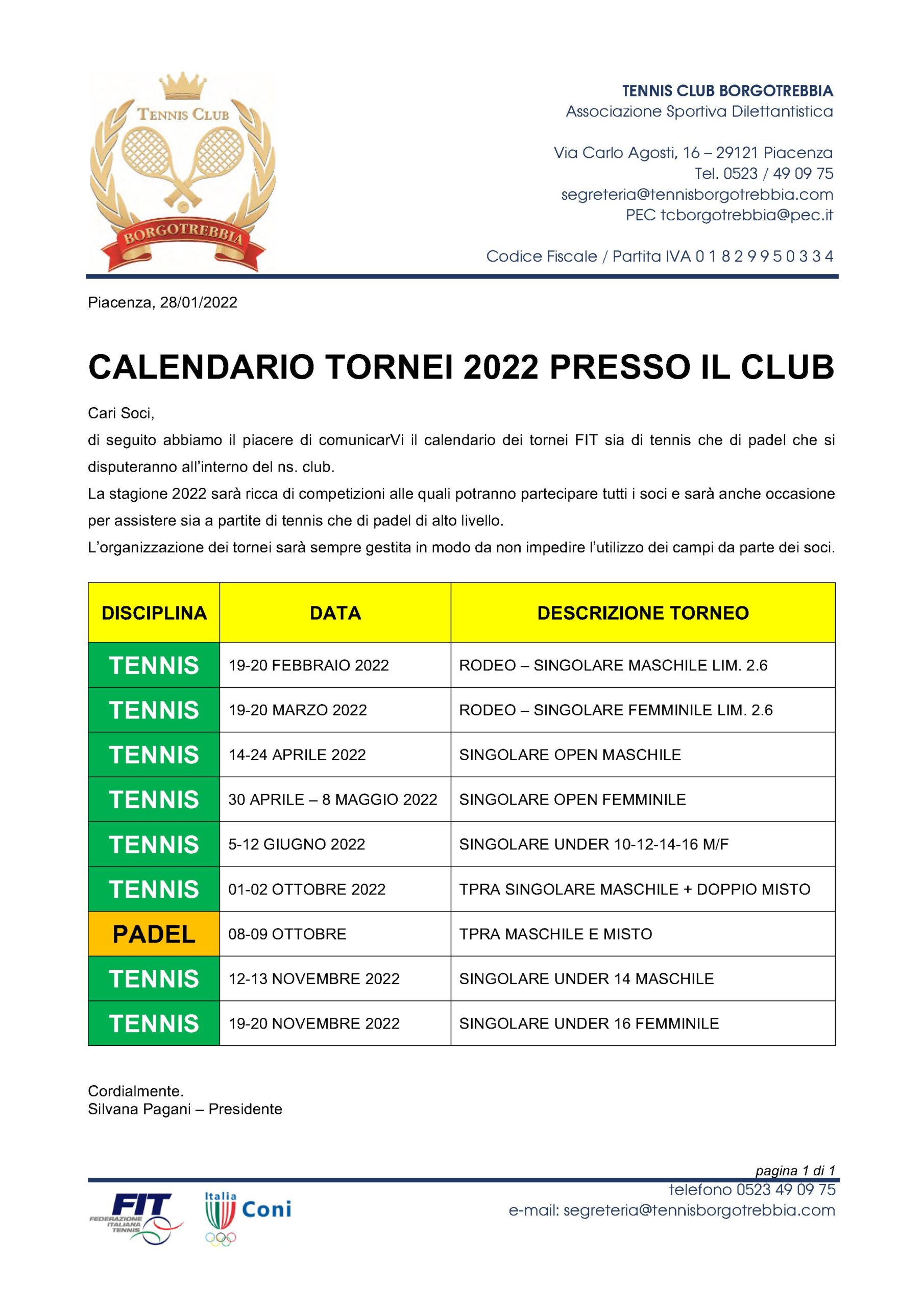 Calendario Tornei 2022