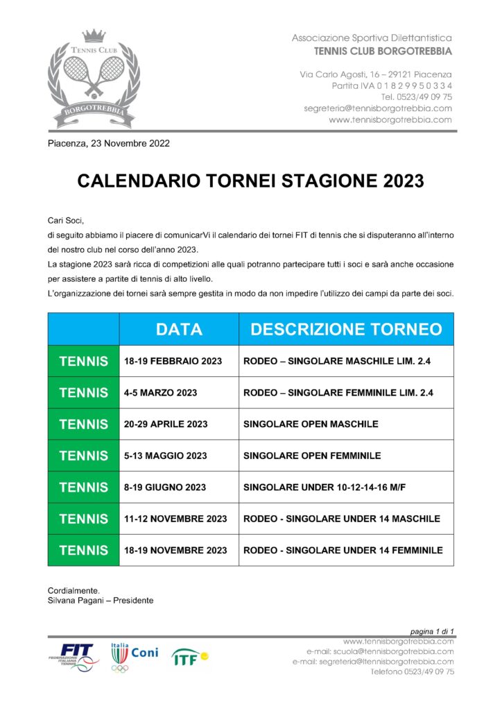 Calendario Tornei Tennis 2023