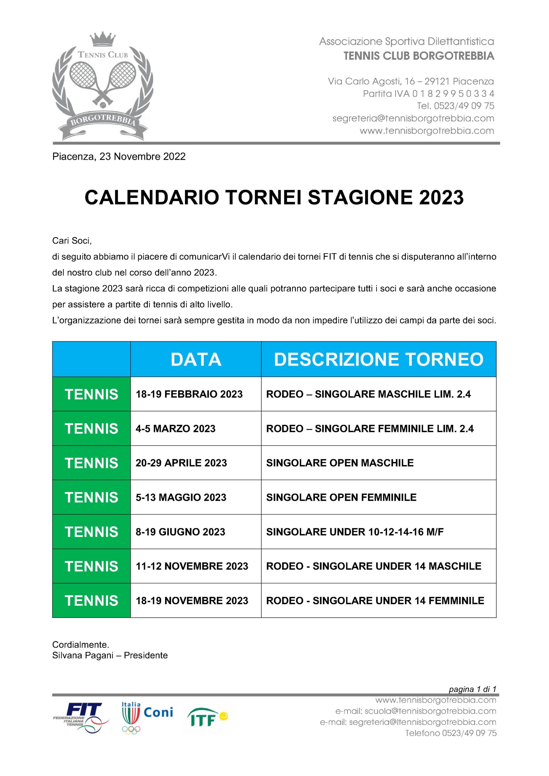 Calendario Tornei Tennis 2023